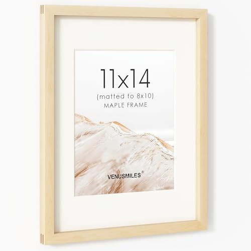 Image of 11x14 Picture Frame, USA-Sourced Natural Maple Wood Photo Collage Frame with HD Tempered Glass, Modern Simple 11 x 14 Wooden Frame Matted to 8x10, Vertical & Horizontal Wall Hanging Display
