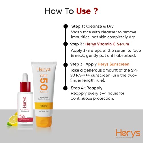 Image of Herys 15% Vitamin C Serum for Glowing Skin 30 ml & 1% Hyaluronic Sunscreen Aqua Gel SPF 50 PA++++ 50 gm