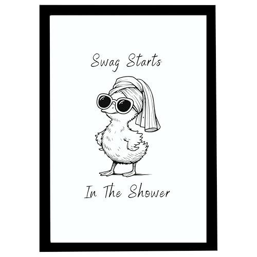 Image of Mira Mest Framed Bathroom Wall Decor | Funny Quotes & Cute Animal Art Prints | Quirky Toilet Signs & Guest Bath Decorations | Minimalist Black & White Washroom Signs | Ready to Hang Toilet Humor for Home & Powder Room (Shower Duck)