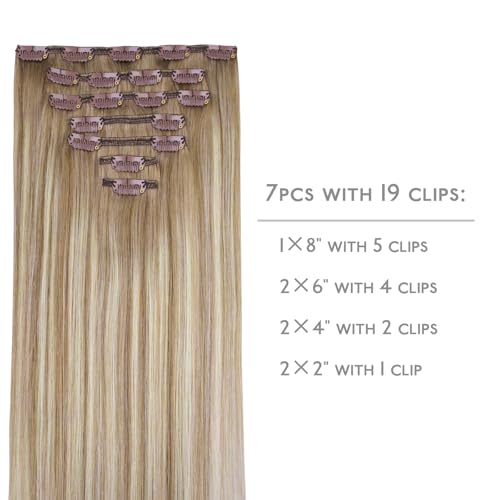 Image of WENNALIFE Clip in Hair Extensions Real Human Hair, 14 Inch 120g 7pcs Balayage Dirty Blonde with Platinum Ends Remy Hair Natural Double Weft