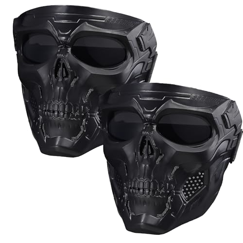 2 PCS Full Face Ghost Skeleton Mask - Black Tactical Gear with Anti-Dust Shield for Paintball, Cosplay & Halloween - Men & Kids Safety Protection Mask for Horror Costume, Cool Tactical Games