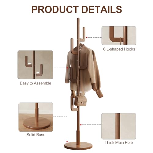 Image of Muwuele Solid Wood Cactus Coat Rack, Freestanding Coat Rack With 6 L-Shaped Hooks and 3 Adjustable Sizes, Coat Tree for Bedroom, Entryway, Livingroom, Coat Hanger Stand for Coats, Handbags (Walnut)