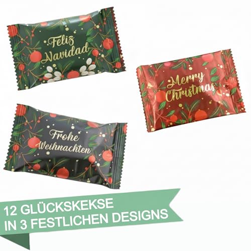 FOOD Crew 12x Weihnachtsglückskekse mit Spekulatius Geschmack - Glückskekse Weihnachten - Süßigkeiten Weihnachten - Gebäck Einzeln Verpackt mit deutschen Sprüchen - Vegan - Made in Germany