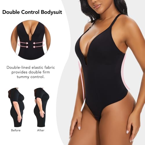 SHAPERIN Women's U Plunge Bodysuit Low Back Double Lined Tummy Control Shapewear Deep V Thong Body Suits4