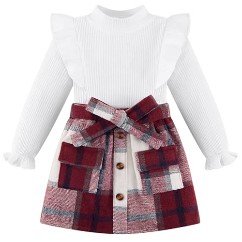 Image of Weixinbuy Toddler Girl Fall Winter Clothes Solid Long Sleeve Ribbed T-Shirt Knit Tops Plaid Button Mini Skirts Set Outfits
