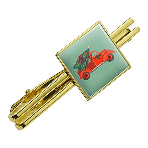 GRAPHICS & MORE Old Timey Christmas Red Truck and Tree Square Tie Bar Clip Clasp Tack- Silver or Gold