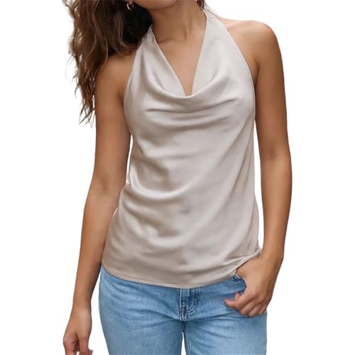 Image of Women Sexy Halter Cowl Neck Silky Satin Tank Top Fairycore Backless Draped Front Tie Back Camisole Dressy Going Out Top