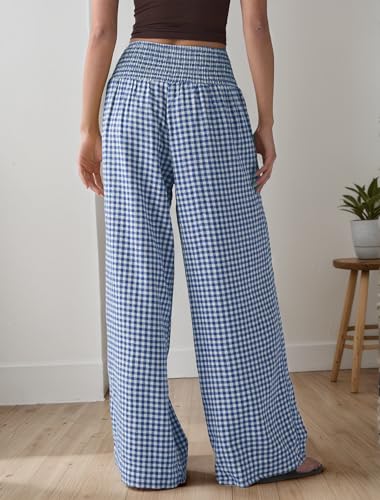 Womens Gingham Pants Cotton Wide Leg Plaid Pant Elastic Waist Lounge Pajama Bottoms Y2K Beach Vacation Trousers with Pockets2