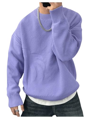 Verdusa Men's Drop Shoulder Long Sleeve Knit Sweaters Textured Crewneck Pullover Sweater Purple Large