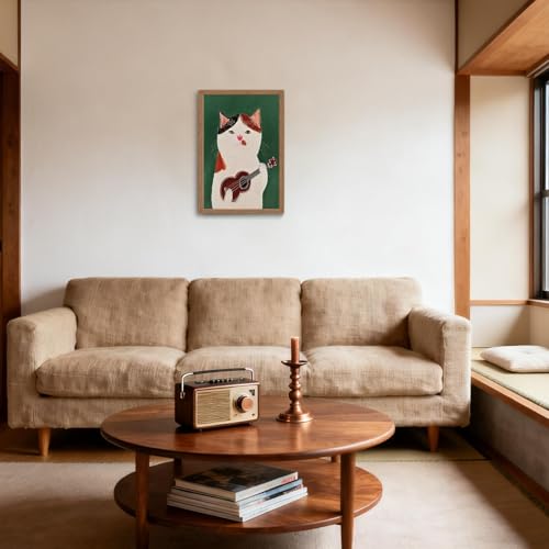 木子誉絵画館 アートパネル ポスター ウクレレの猫 動物画 絵画 インテリア おしゃれ ウォールアート 猫の絵 玄関 階段 廊下 寝室 リビング 壁飾り 木目調フレーム付きの完成品（40×30cm） [4]