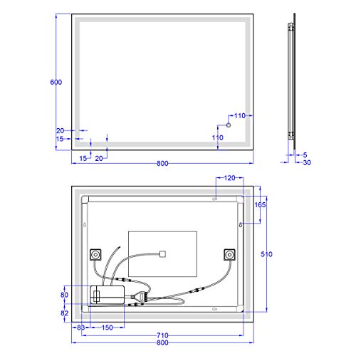 S'bagno 800 x 600mm Backlit LED Illuminated Bathroom Mirror and Additional Features - Bluetooth Speaker/Demister Heat Pad/Dimming Function/Sensor Touch switch- can be hung in 2 directions