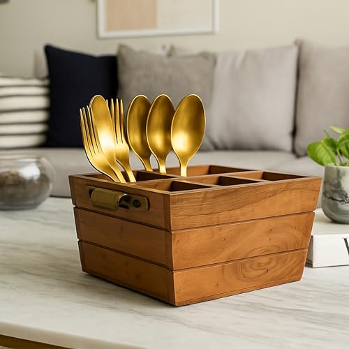 Image of Ikari Homes Acacia Cutlery Stand I Boho Premium Wooden Caddy I Spoon knife Fork Tissue Holder Stand I Cutlery Stand I Premium Acacia Wood I Big size with 5 Multi compartments - 23x16x11 cm