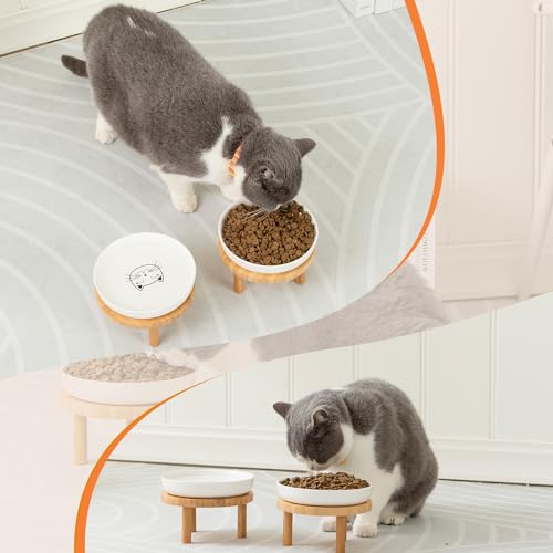 Lusifaco Keramik Katzennapf Erhöht, 15 cm Breite, Erhöhter Katzennapf aus Keramik mit Bambusständer, Schnurrhaarfreundliche Katzen Futternapf, Futterstation Katze, Fressnapf Kätzchen(2er-Set)