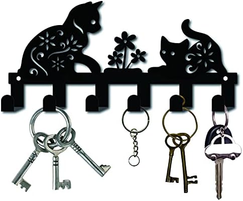 CREATCABIN Metal Key Holder Black Key Hooks Wall Mount Hanger Decor Hanging Organizer Rock Decorative with 6 Hooks Cat and Flower Pattern for Front Door Entryway Cabinet Towel 10.6 x 5.1inches