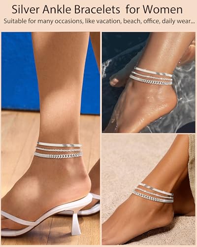 Image of ZHESHY Gold Silver Ankle Bracelets for Women 14K Gold Plated Anklets for Women Waterproof Cuban Link Heart Chain Anklets Set Non Tarnish Dainty Layered Anklet Bracelets for Women Summer Beach Jewelry