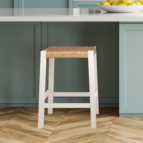 Butaco de bar Newport con asiento tejido a mano en cuerda - Butaco de altura de mostrador de 24 pulgadas para cocina, bar o comedor - Butacos de madera de Alaterre Furniture (Blanco) miniatura 2