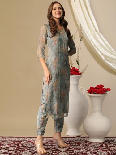 Image of GoSriKi Women's Cotton Blend Straight Printed Kurta with Pant (Feni Grey-NW-GS