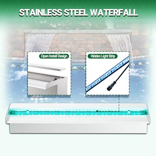 Longrun 60cm Teich Wasserfall Set, 304 Edelstahl Pool Wasserfall Brunnen mit RGB Bluetooth LED und Fernbedienung, Breite 15cm