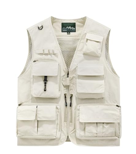 BXKFSY Youth & Unisex Outdoor Beige Work Vests Lightweight Utility Fishing Vest with 15 Pockets for Safari Travel Photography,Size M