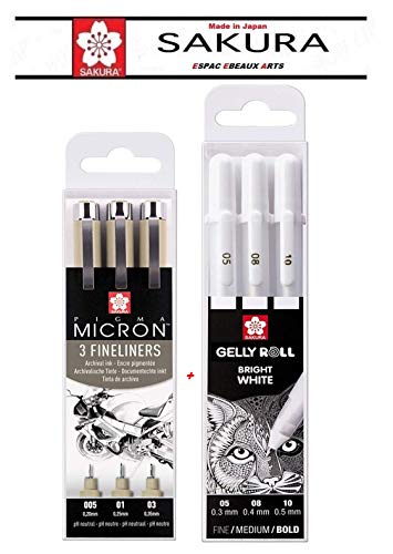 Sakura Pigma Micron 3 fineliners +Sakura Gelly Roll Bright White, astuccio con 3 penne a sfera a inchiostro gel, colore bianco brillante, tratto fine 05/08/10