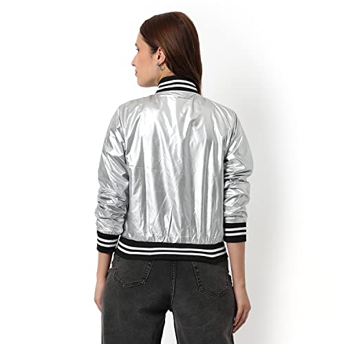 Image of PINACOLADA Women Silver Puffer Regular Fit Bomber Jacket For Winter Wear | Low-Cut Standing Collar | Full Sleeve | Zipper | Casual Jacket For Woman & Girl | Western Stylish Jacket For Women