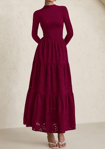 PRETTYGARDEN Long Sleeve Dress for Women 2025 Fall Eyelet Mock Neck A Line Elegant Classy Maxi Wedding Guest Dresses Pockets4