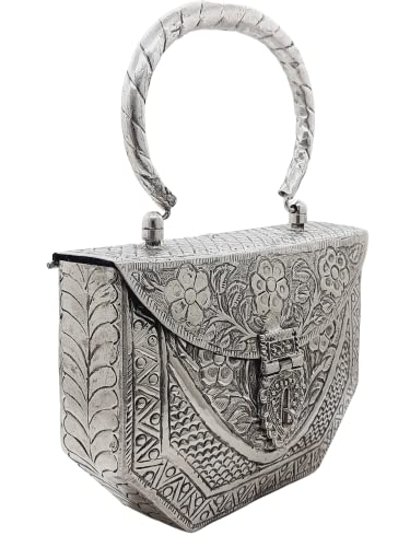 Image of Trend Overseas Women's Silver Brass Metal Handle Clutch Handmade Antique Ethnic Hand Clutch