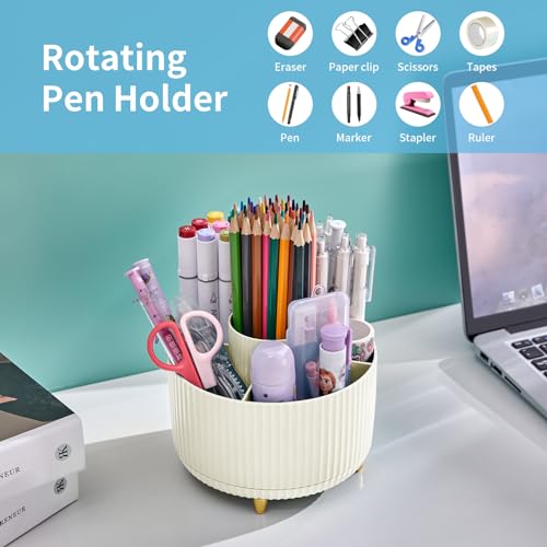 Image of Marbrasse Desk Organizer, 360-Degree Rotating Pen Holder, 5-Compartment Pencil Organizer, Art Supply Storage Box Caddy for Office and Home (Ivory)