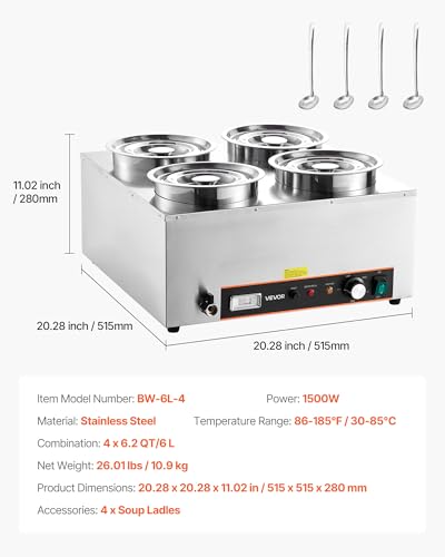 Image of VEVOR Electric Soup Warmer, Four 6.34QT Stainless Steel Round Pot with 86~185F Adjustable Temp, 1500W Commercial Bain Marie with Anti-Dry Burn and Reset Button, Soup Station for Restaurant, Buffet