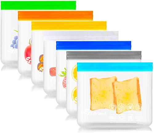 Estefanlo Reusable Storage Bags, 7 Pack Reusable Sandwich Bags Extra Thick Reusable Snack Bags Leakproof Freezer Bags BPA Free Ziplock Lunch Bags for Food Fruit Cereal Marinate Meat