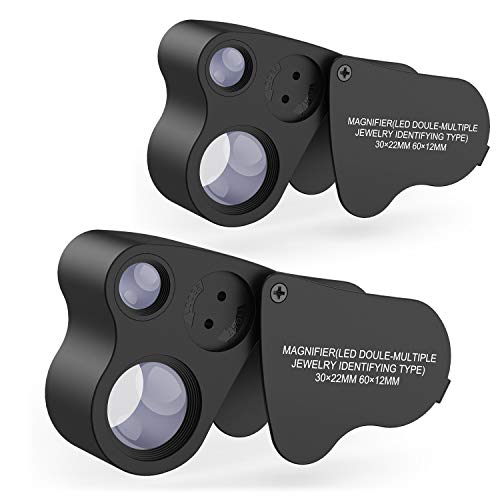 Jewelry Loupe,2 Pack 30X 60X Illuminated Jewelers Loupe Jewelry Magnifier Jeweler's Eye Loupe Magnifier Magnifying with LED Lighting, 2 Lens Design (Black)