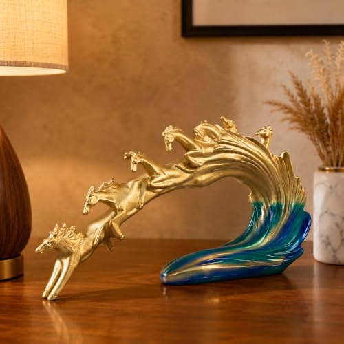 Image of eCraftIndia Golden Running Horse Family Showpiece for Home Decor | Abstract Horse Sculpture with Blue Wave Base | Decorative Figurine for Living Room, Office Table & Gifting