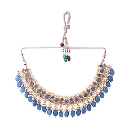 Image of Yellow Chimes Jewellery Set for Women and Girls Kundan Necklace Set Gold Plated Kundan Studded Blue Beads Drop Choker Necklace Set | Birthday Gift for girls and women Anniversary Gift for Wife