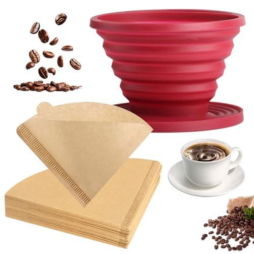 Porte Filtre à Café Pliable, Filtre Cafe en Silicone, égouttoir à Café pliable conique réutilisable pour camping et voyages (rouge)