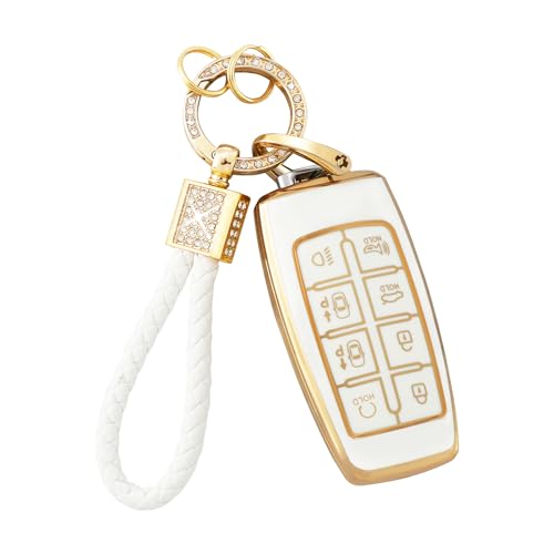 PIFOOG Key Fob Cover for Genesis GV70 GV80 2023 2022 2021 Accessories 8 Buttons Car Keys Case Shell with Cute Girly Keychain Ring Protector Bling White Gold TPU Women Gifts