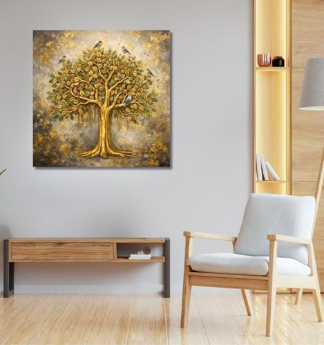 Image of Kunj Cart Kalpavriksha Tree Painting | 8+ DESIGNS | Kalpvriksh Tree Wall Painting | Lucky Tree Wall Art For Living Room, Bedroom and Office Decor | Canvas Painting for Wall Decoration (Design - G, 12x12 Inch, Framed)
