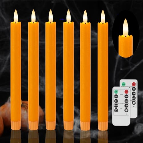 Image of Orange Flameless Taper Candles, Fall Battery Operated Candles with Remote | Real Wax LED Candlesticks Flickering, For Autumn, Thanksgiving, Harvest, Halloween Decor, 6 Pack, 0.78 x 9.64 In