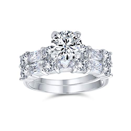 Personalized Traditional AAA CZ Baguettes Side Stones 2CT Square Princess Cut or Round Brilliant Solitaire Anniversary Engagement Wedding Band Ring Set For Women .925 Sterling Silver Customizable