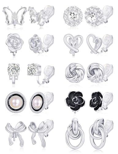Tornito 10 Pairs Clip On Earrings Round CZ Pearl Twist Knot Bowknot Rose Flower Butterfly Heart Crystal Non Pierced Earrings Clip on Stud Set for Women Silver Plated Tornito 10 Pairs Clip On Earrings Round CZ Pearl Twist Knot Bowknot Rose Flower Butterfly Heart Crystal Non Pierced Earrings Clip on Stud Set for Women Silver Plated