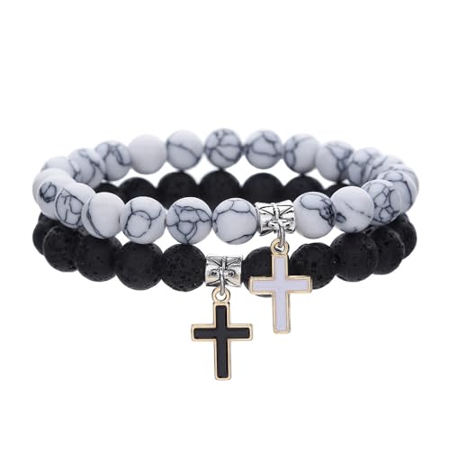 Matte Lava Rock Beaded Couple Bracelet Set for Women Men Black White 8mm Howlite Natural Volcanic Stone Matching Beads Elastic Cross Pendant Stretch Bracelets Religion Charm Friendship BFF Jewelry