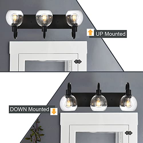 Image of 3-Lights Vanity Lights Globe Glass Rustic Bathroom Light Fixtures for Over Mirror Kitchen with Seeded Lampshades
