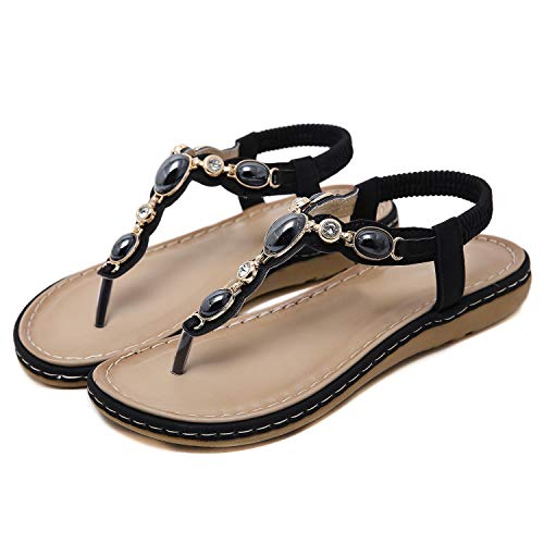 Sandals For Women Casual Summer Jewelry Pearl Sandals T-Strap Thong Bohemian Dressy Flats Shoes Comfy Beach Flip Flops Black 9 #TOP2