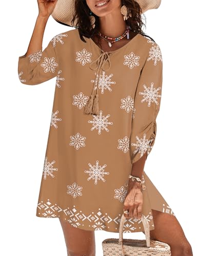 Image of Zeagoo Womens Boho Dresses Casual Beach Summer Dress Tassel Tie Neck 3 /4 Long Sleeve Mini Sundress 2026 Floral Print Cover Up