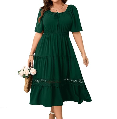 Image of RWJ Women's Plus Size Maxi Dress Short Sleeve Square Neck Flowy A-Line Lace Trim Flutter Party Casual Off Shoulder Dresses