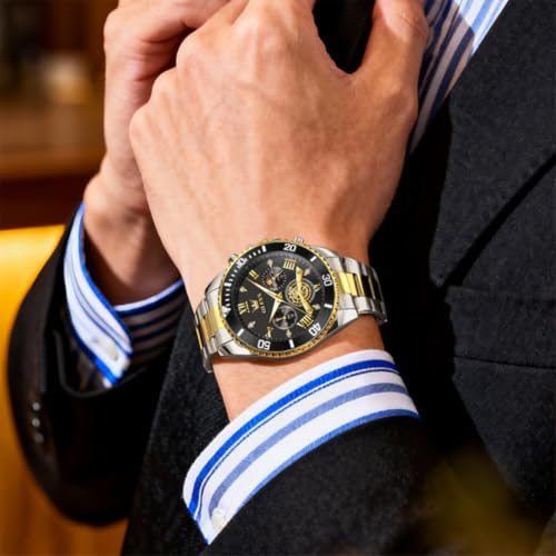 Image of OLEVS Mens Watches Chronograph Luxury Dress Moon Phase Two Tone Stainless Steel Waterproof Luminous Business Calendar Wrist Watch