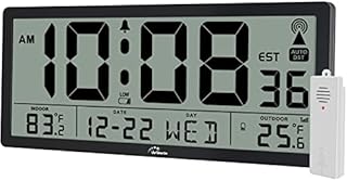 WallarGe Large Atomic Clock with Indoor Outdoor Temperature, 14.7 Inches Digital Wall Clock Battery Operated with Date and Day of Week, Auto DST