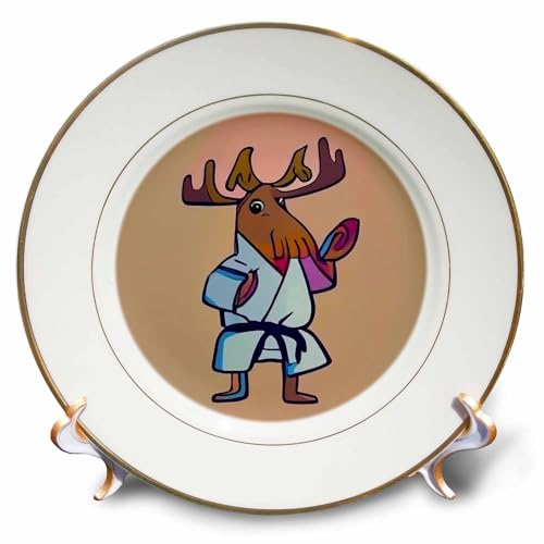 3dRose 8 inch Porcelain Plate - Funny Moose Practicing Karate Kick Martial Arts Sports and Hobbies
