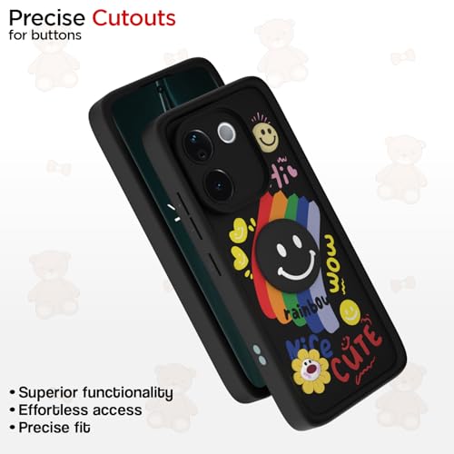 Image of Pikkme Back Cover for Vivo T3 Pro 5G / iQOO Z9s Pro 5G | Soft Silicone| Cute Rainbow Smile & 3D Cartoon Flower Design | Shockproof Raised Camera Protection Bumper Case (Black)