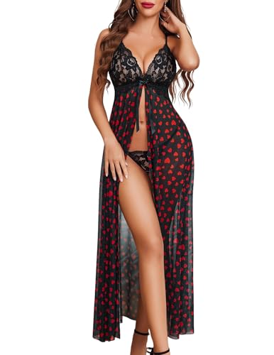 Image of SSoShHub Women Lingerie Lace Babydoll Dress Open Front Sleepwear Long Sheer Nightgowns V Neck Nightwear for Wife, Women Wedding Valentine Special Night Occasion Festival