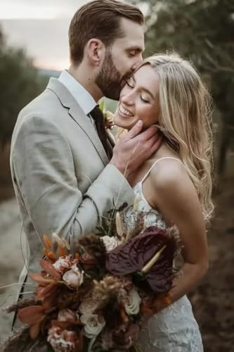 Mens Linen Suit 2 Pieces Slim Fit Casual Beach Wedding Groomsmen Tuxedos Prom Blazer Pants Set3